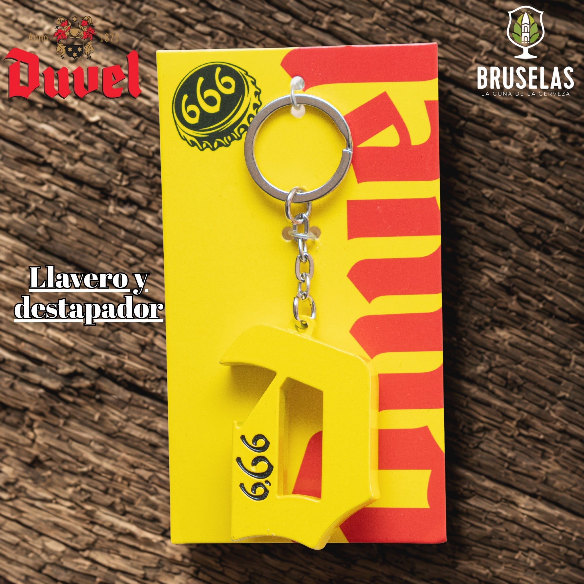 Destapador de cerveza llavero de la cervecería Duvel, en su estilo Duvel 666