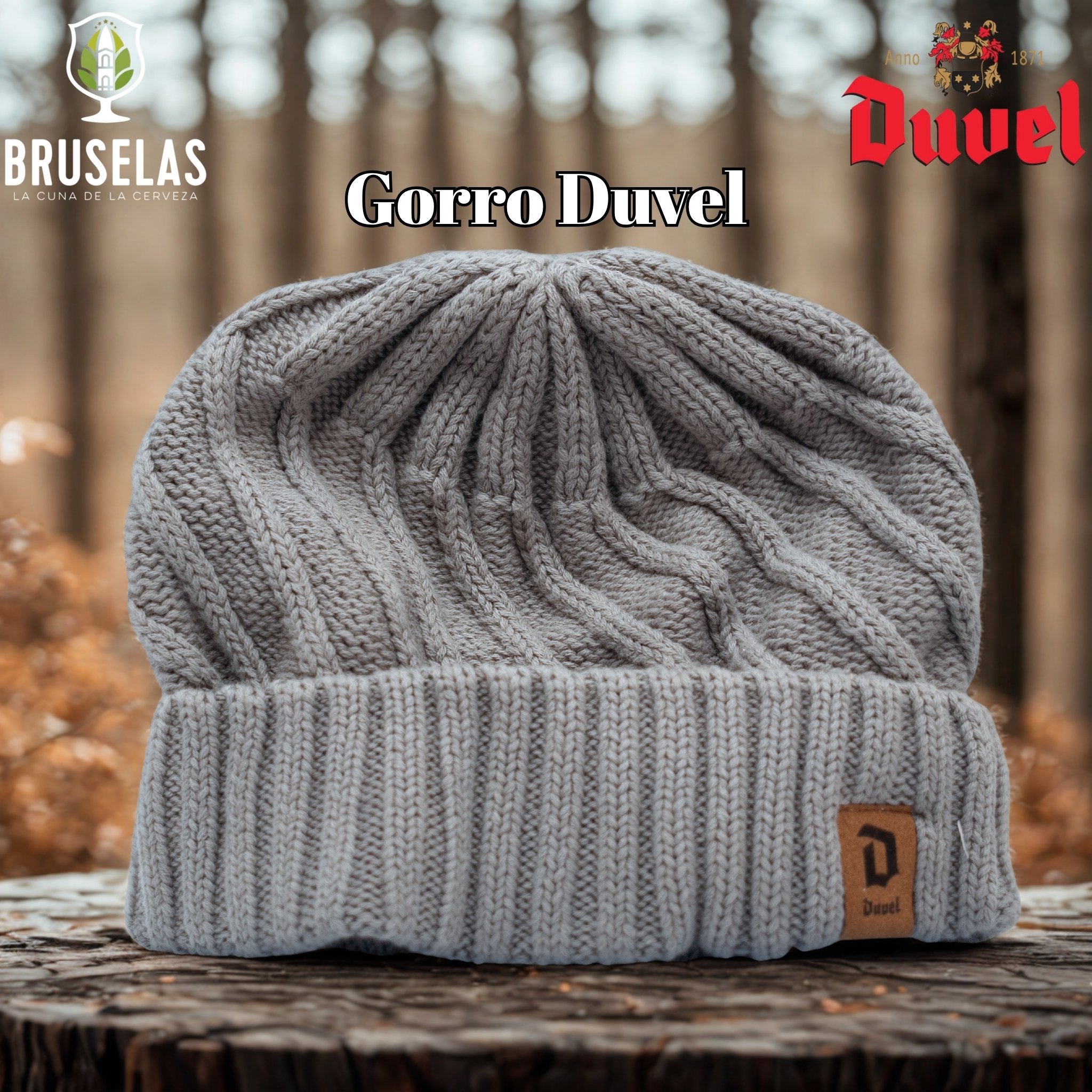 Gorro tejido con el distintivo de la cerveza duvel, Cervecería Duvel. 