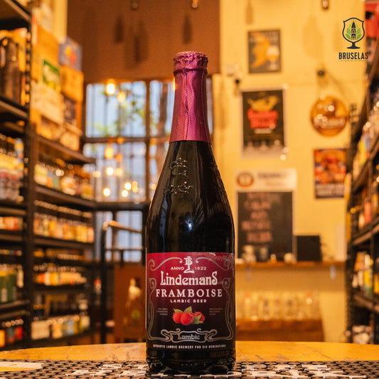 Botella de Lindemans Framboise, una Fruit Lambic belga de Brouwerij Lindemans. Con un ABV de 2.5%, tiene un color rojo intenso y aromas de frambuesa fresca y toques ácidos. Su sabor es dulce, con notas de mermelada de frambuesa y un toque de granada. Ideal para maridar con postres frutales y quesos suaves. El diseño refleja su carácter afrutado y refrescante.