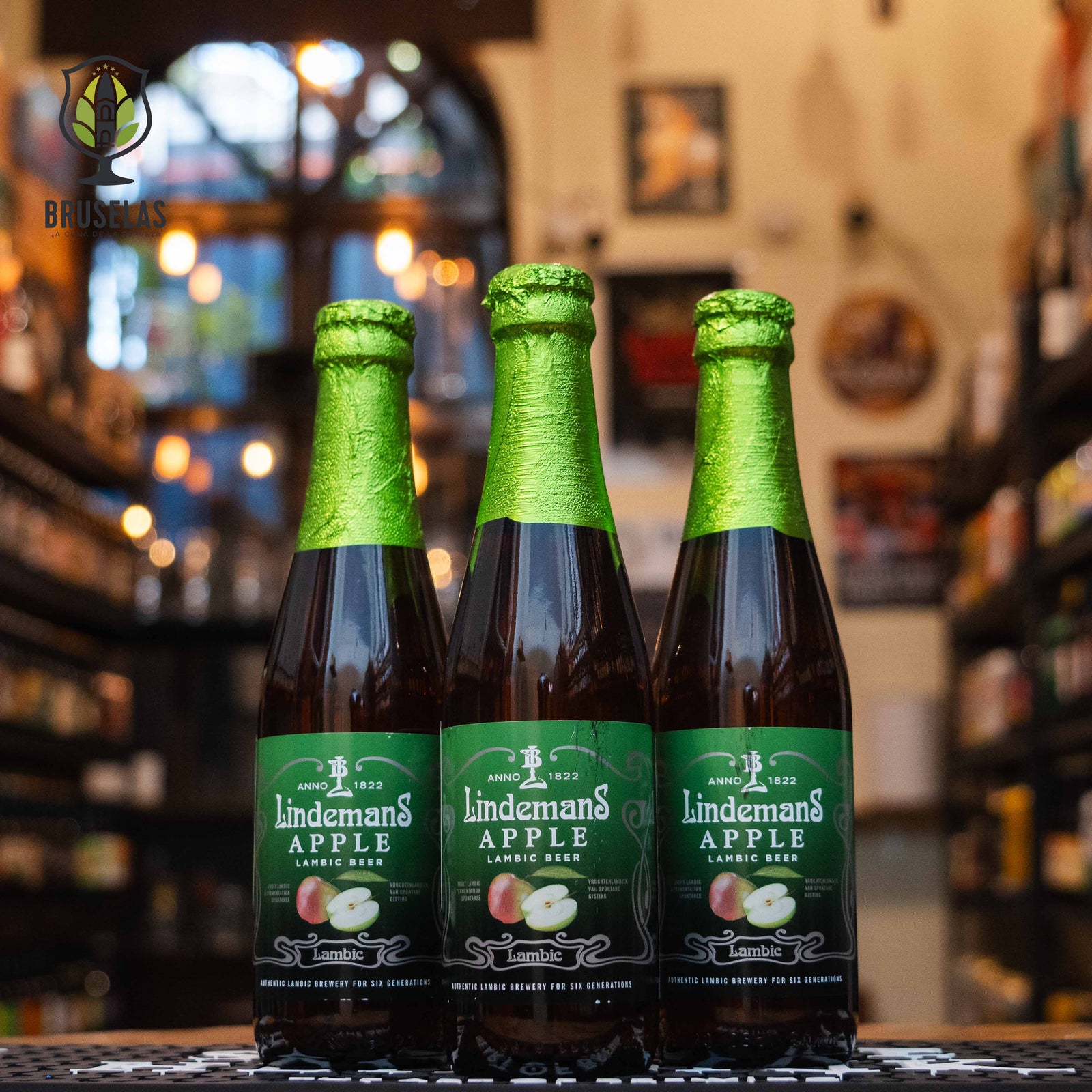 Botella de Lindemans Apple, una Fruit Lambic belga de Brouwerij Lindemans. Con un ABV de 3.5%, está elaborada con jugo de manzana verde. Ofrece aromas frescos y afrutados, con notas de manzana y un toque de levadura. Su sabor equilibra la acidez del lambic con la dulzura de la manzana, creando un final limpio y refrescante. Ideal para maridar con ensaladas ligeras, quesos suaves y postres de frutas.