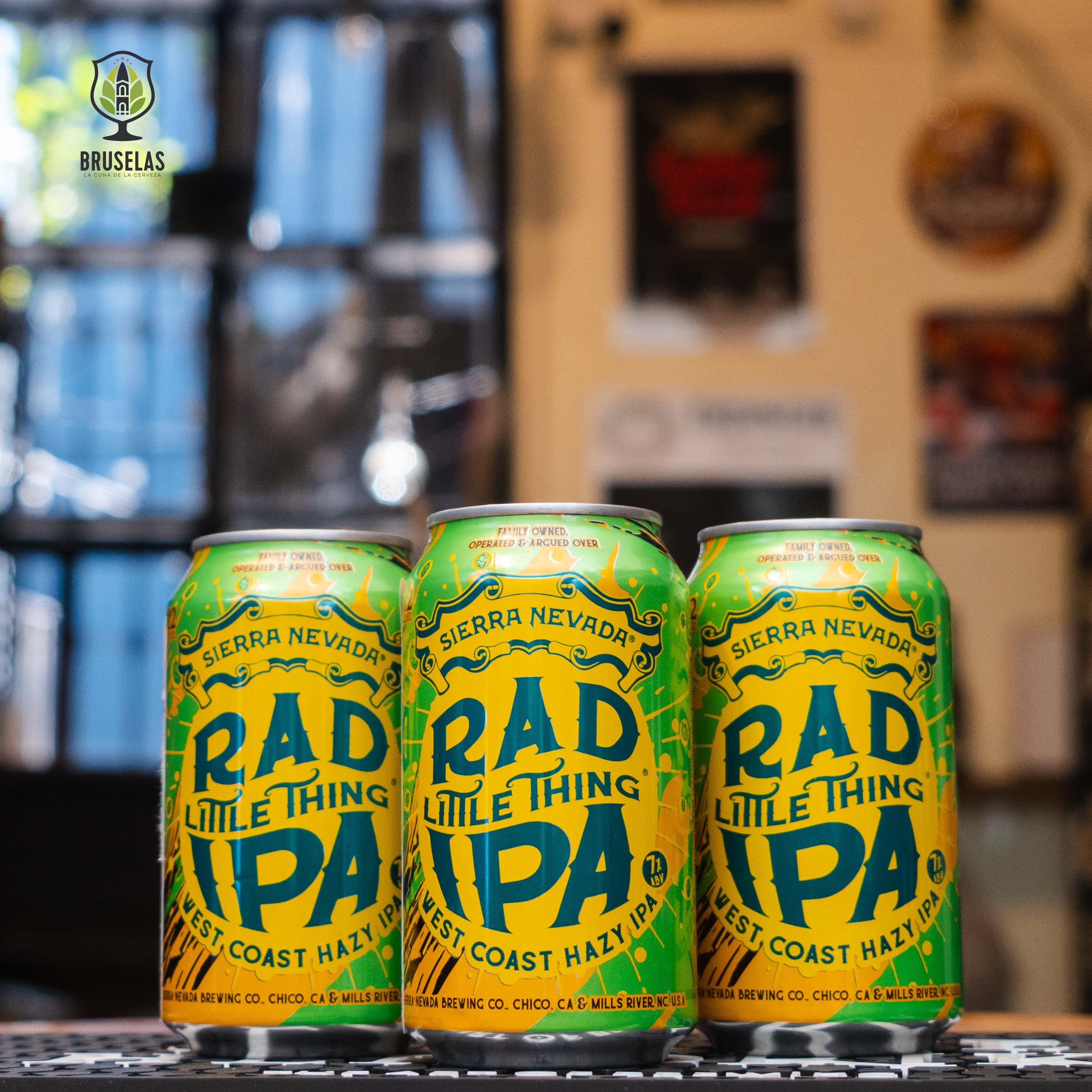 "Rad Little Thing IPA" con un diseño vibrante en verde y amarillo, destacando su estilo West Coast Hazy IPA con un fondo de tienda acogedora que realza su atractivo artesanal.