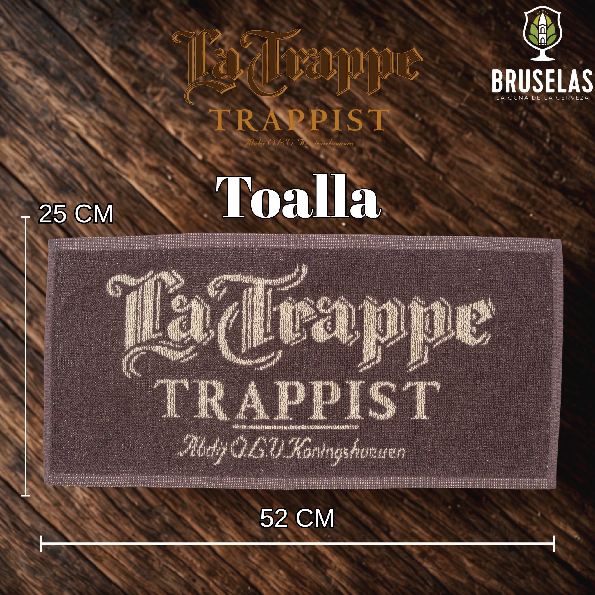 Articulo de cerveza artesanal, toalla color café de la cervecería La Trappe, cerveza de abadía. 