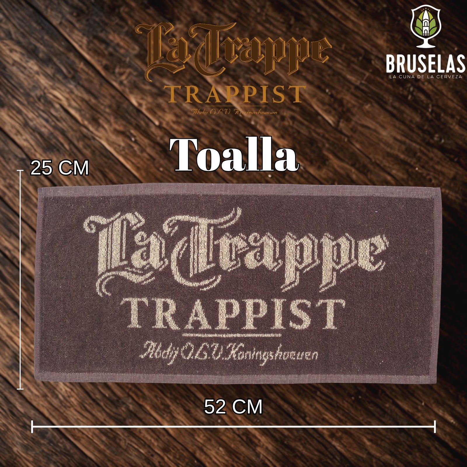 Articulo de cerveza artesanal, toalla color café de la cervecería La Trappe, cerveza de abadía. 
