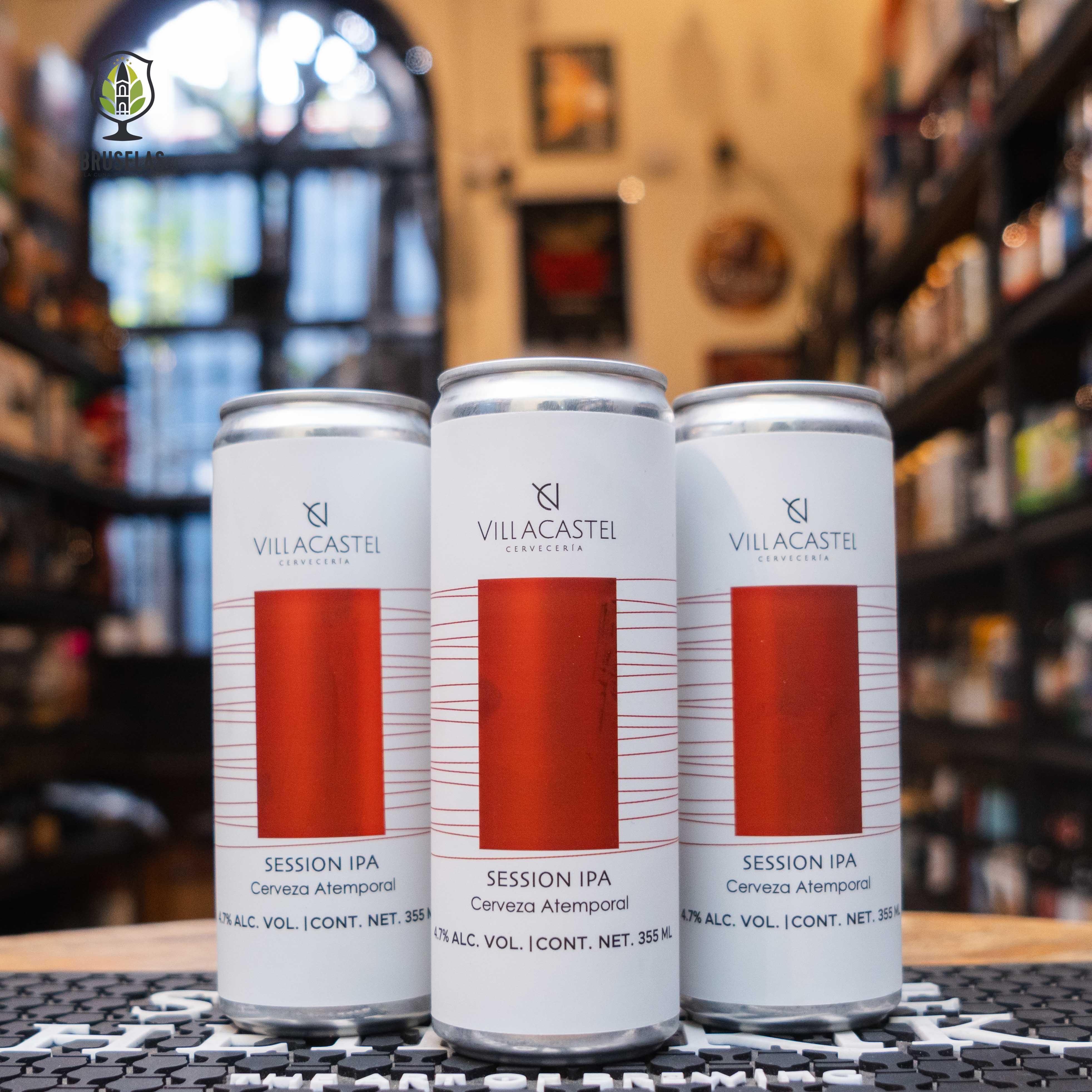 cerveza “Villacastel Session IPA” con un diseño minimalista en blanco, cerigrafia en tonos naranjas y rojisos