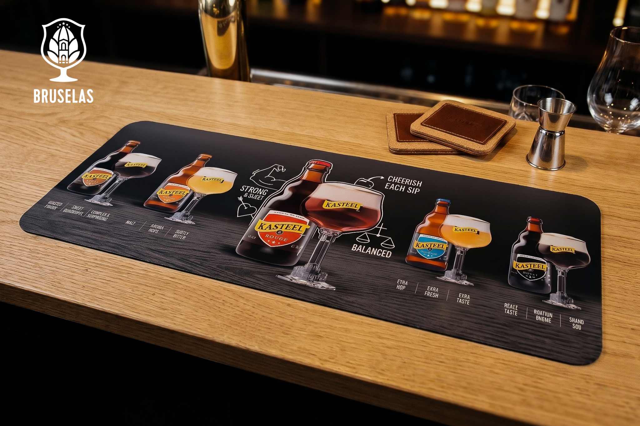 tapete de la marca Kasteel con los estilos de cerveza impresos en el, pero en una version mas suave al toque