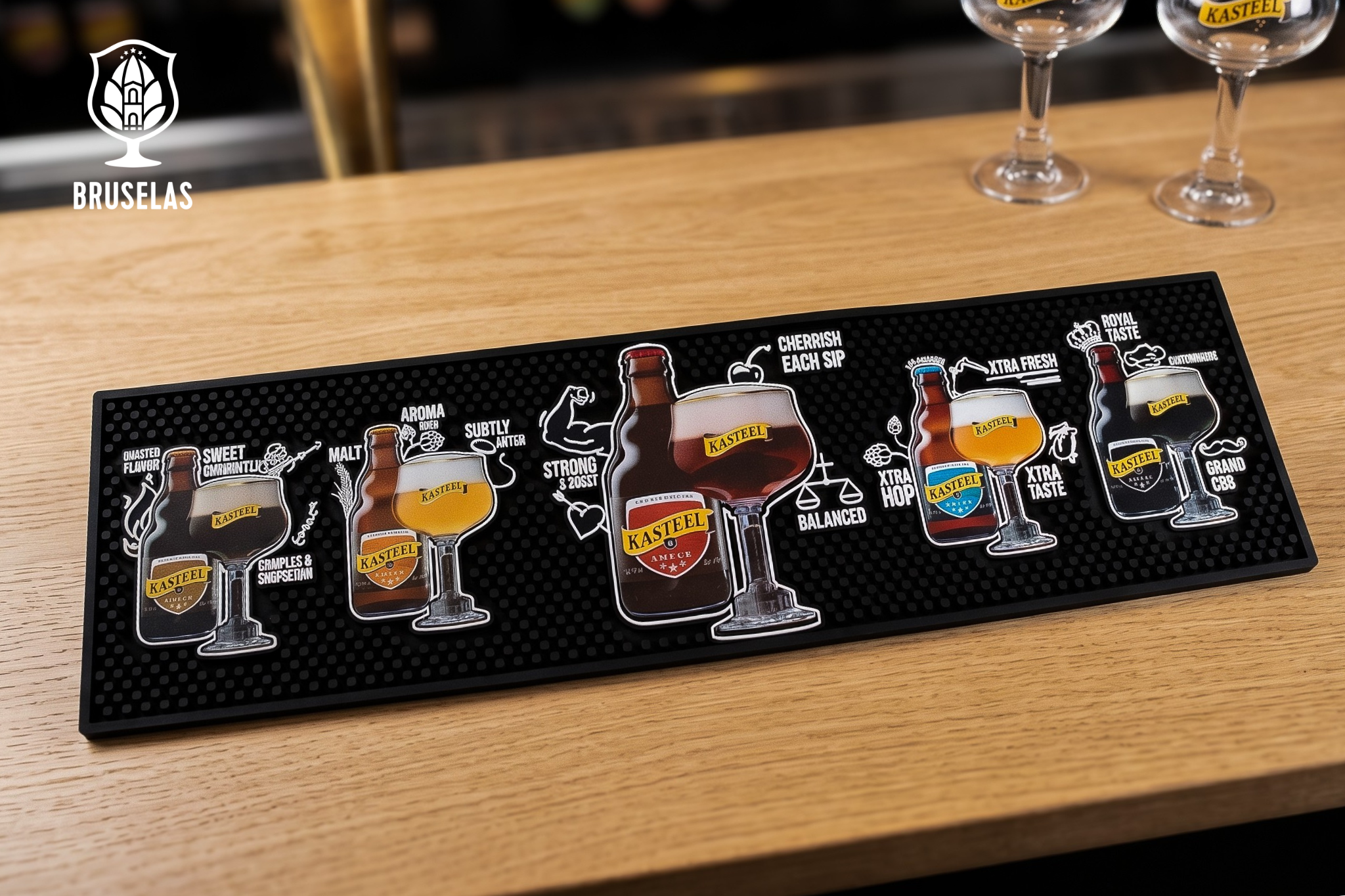 tapete de la marca Kasteel con los estilos de cerveza impresos en el